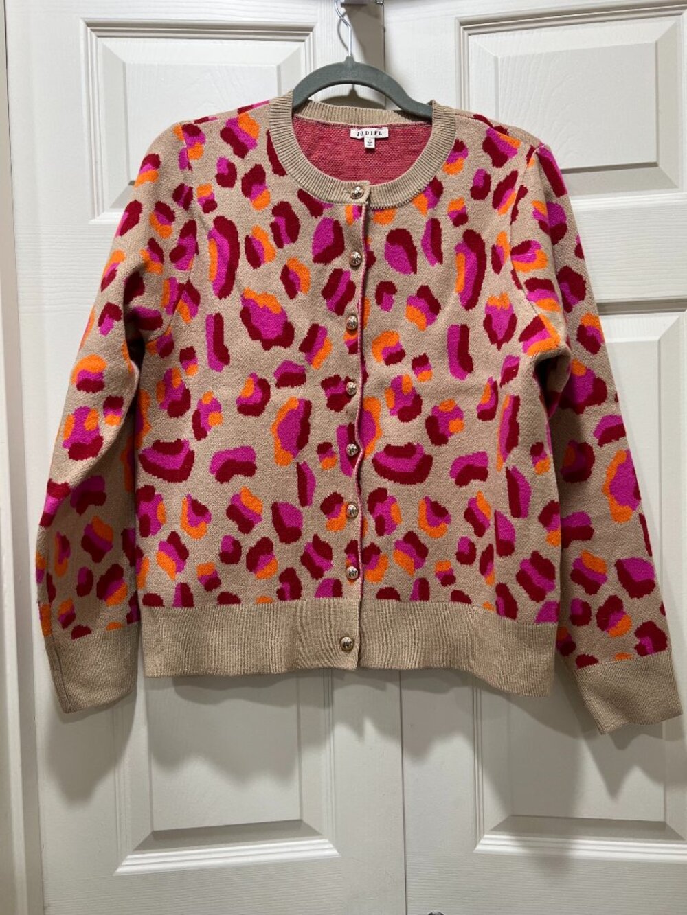 Women's JODIFL Leopard Print Button Front Cardigan Sweater Pink Orange - Small